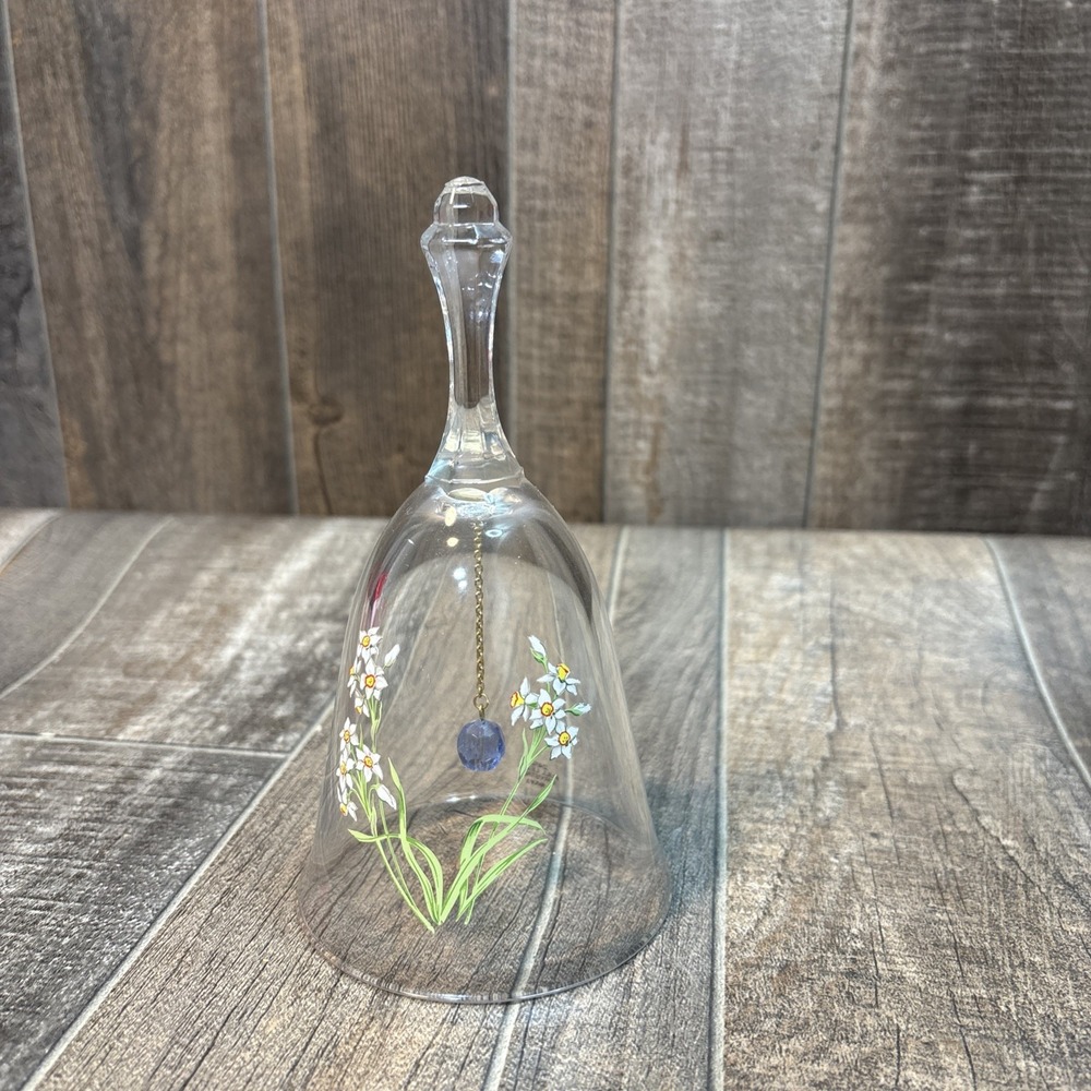 Vintage Hand Painted Glass Bell Daisy Flowers Blue‎ Crystal Clapper